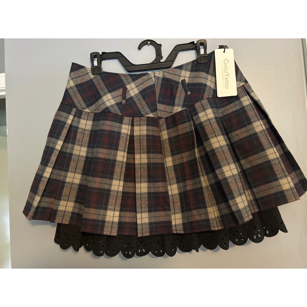 Chouyatou Womens Plaid Pleated Mini Skirt Wool Blend Lined Lace Hem Y2K Size M